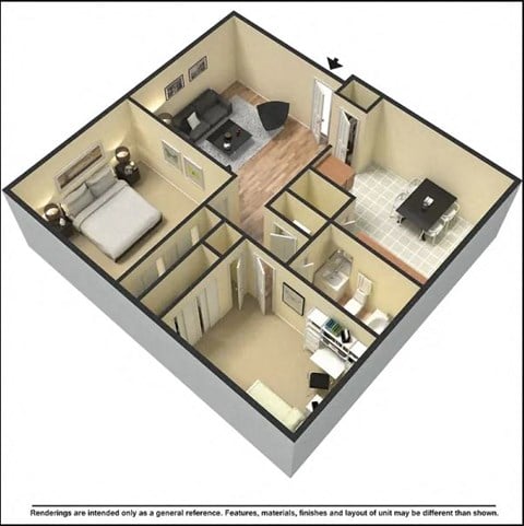 Floor plan for 2 beds, 1 bath, 870 sqft